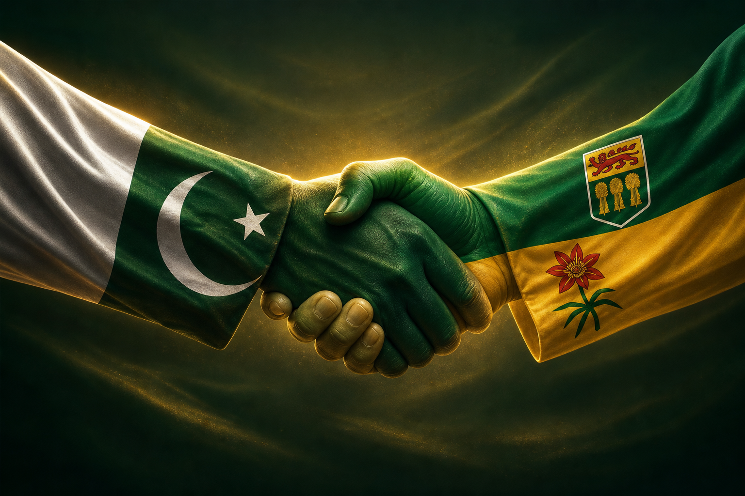 Hands joined in unity, wrapped in the flags of Pakistan and Saskatchewan